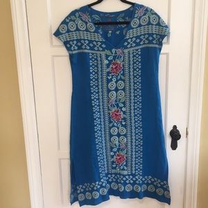 Johnny Was Blue Linen Embroidered Dress Size S